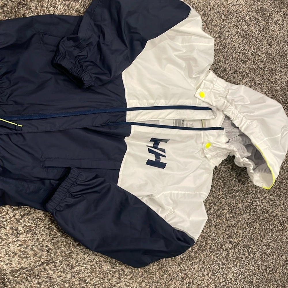 Blue and white Helly Hansen raincoat